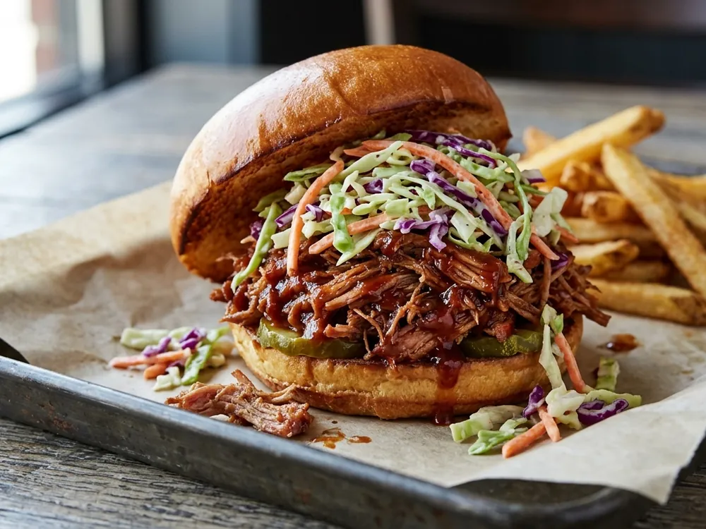 Burger cu pulled pork și salată de varză crocantă