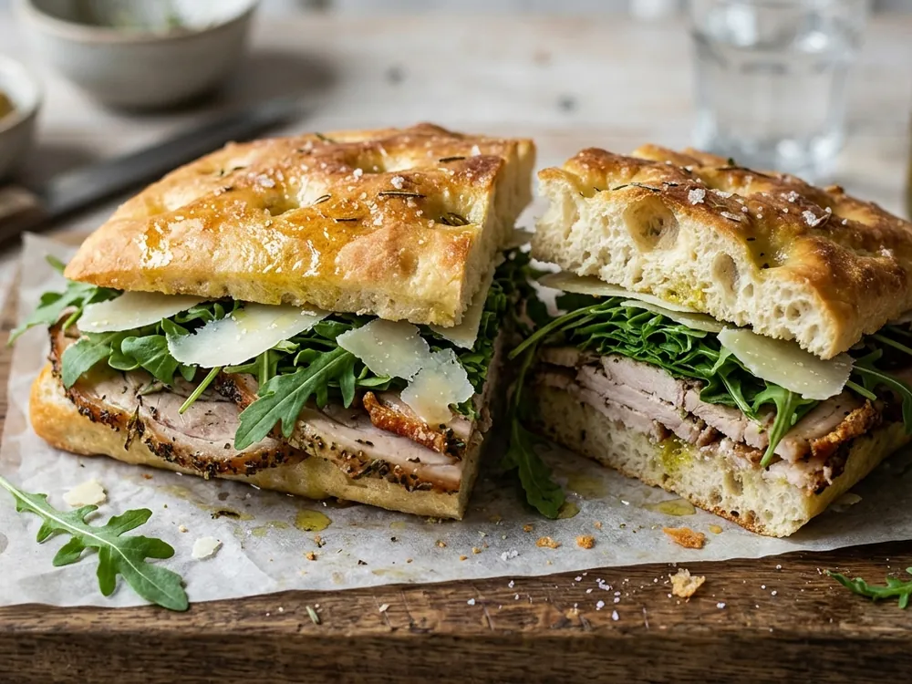 Focaccia cu porchetta, rucola și parmezan