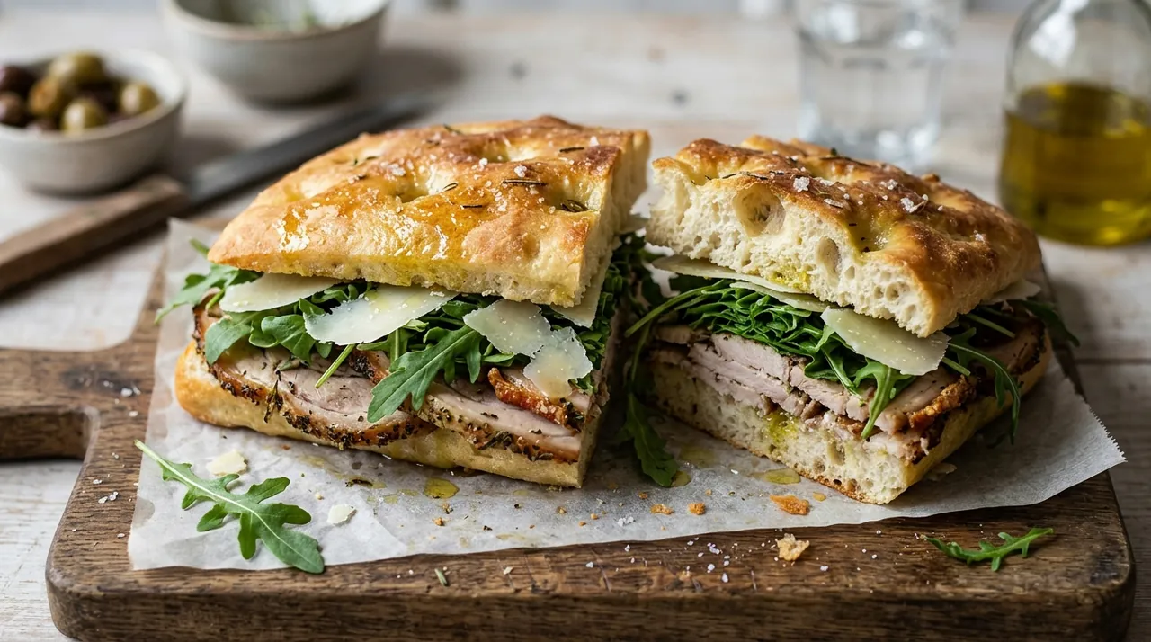 Focaccia cu porchetta, rucola și parmezan, preparat cu Porchetta Roast Easy Chef